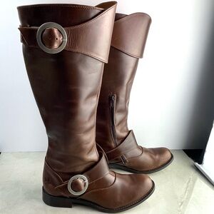Fluevog Adrian's Heidi Tall Boots - Brown Leather Boots with Buckles size 7.5